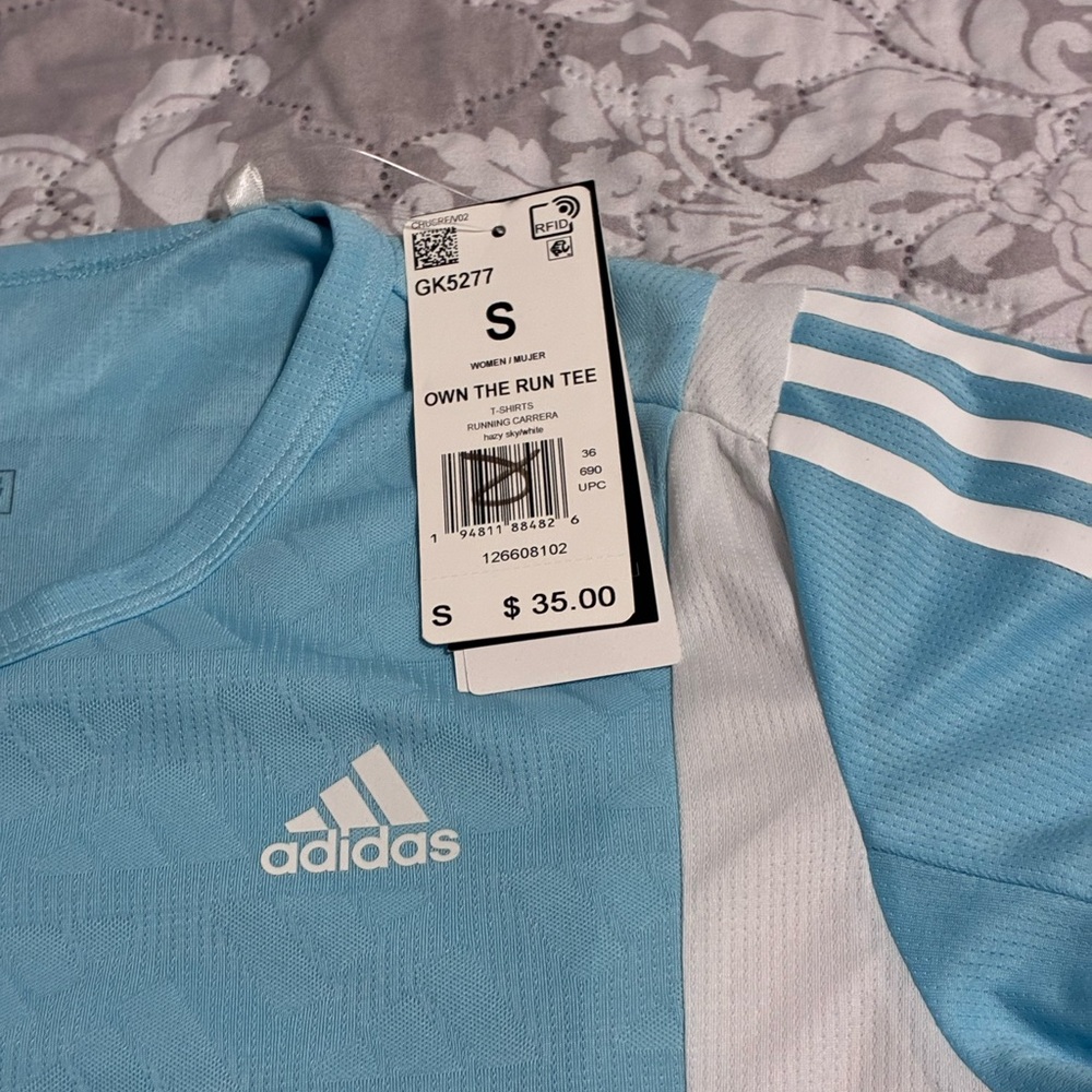 adidas Light Blue & White Own The Run Short Sleeve Tee